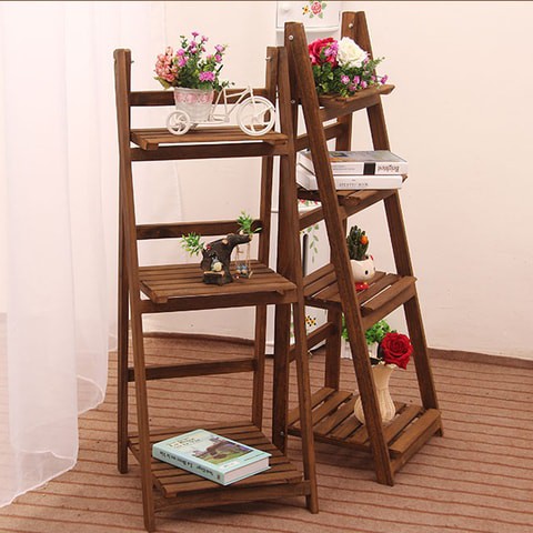 LINGWEI Ladder Design Foldable Wooden Flower Rack Book Shelves Storage Stand Flower Pot Holder For Bedroom Office Restaurants Home Decor 4 floor Brown