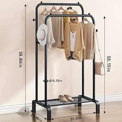 Garment Rack Double Rod Heavy Duty Free-Standing Clothes Rack Multi-Functional Bedroom Hangers Clothing Hanging Stand Organizer Storage Rack with Shoe Shelves, Wheels (32&#39;&#39; Width, Black)