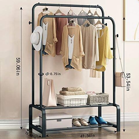 Garment Rack Double Rod Heavy Duty Free-Standing Clothes Rack Multi-Functional Bedroom Hangers Clothing Hanging Stand Organizer Storage Rack with Shoe Shelves, Wheels (42&#39;&#39; Width, Black)