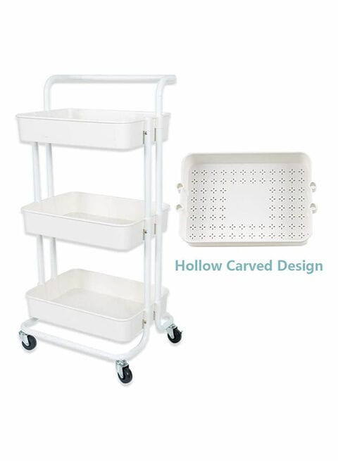 3-Tier Utility Cart Rolling Storage Shelf With Handles 2 Lockable Wheels White 86x42x30centimeter