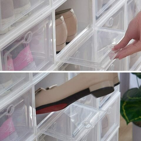 Doreen 6Pcs Shoes Storage Box Stackable Foldable Plastic Shoes Holder Cabinet Transparent Shoes Organizer Case Clear Drawer (white)(GC924A)