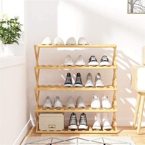 Generic 5-Tier Multi-Tier Foldable Bamboo Shoe Rack, Free Standing Shoe Shelf Storage Organizer, Closets And Entryway Organizer