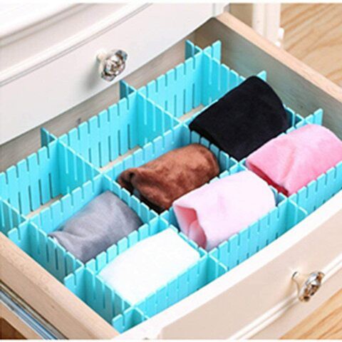 Drawer Divider 4-piece Drawer Divider blue DIY plastic mesh plastic adjustable drawer partition household storage cosmetic socks underwear storage bag suitable for clothing, kitchen and office