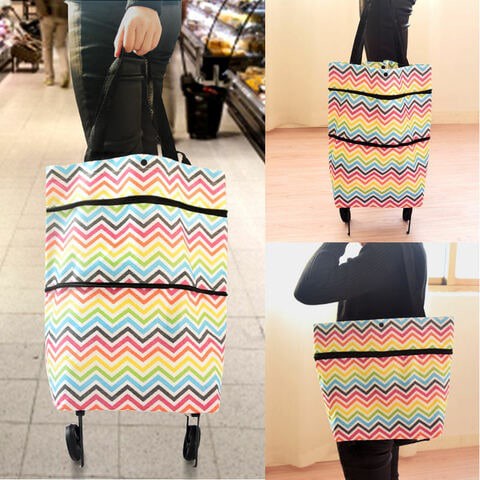 Trolley Bag Portable Multi-Function Oxford Folable Tote Bag Shopping Cart Reusable Grocery Bags with Wheels Rolling Grocery Cart. (color random)