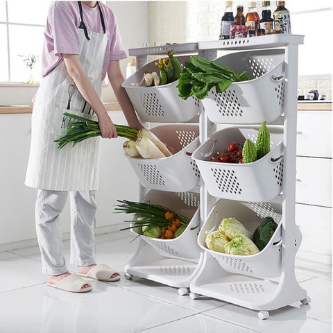 3 - Tier Storage Rack with Wheel for Vegetable toys organization Laundry Basket White