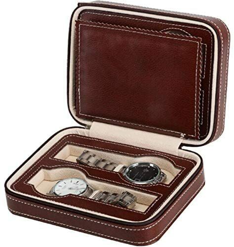 Generic 4 Slots Brown Zippered Watches Box Travel Case Storage Watch Organizer Collection Pu Leather