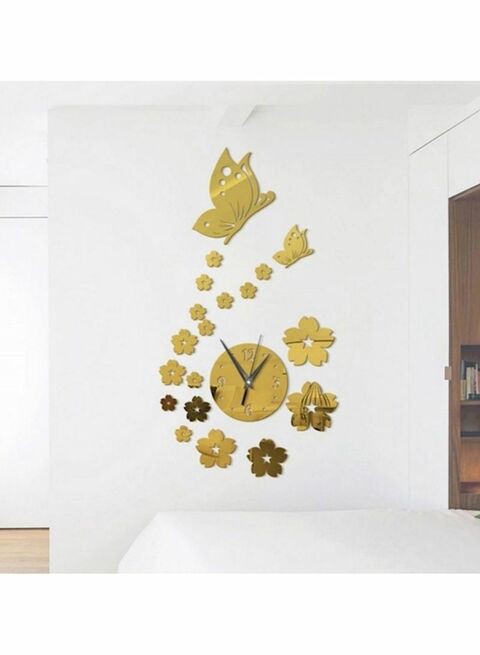 Generic Butterfly And Flower Wall Clock 3D Acrylic Mirror Sticker Gold 41X70cm