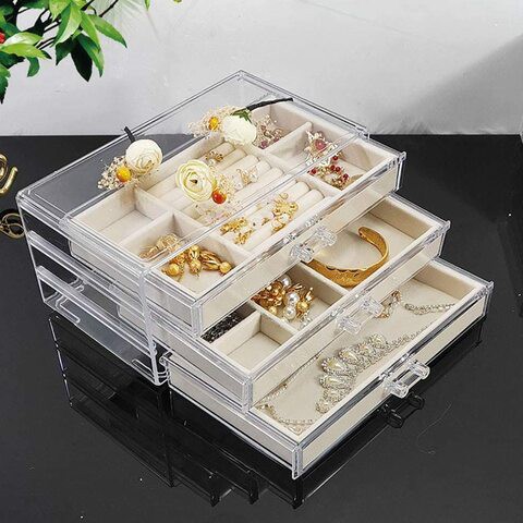 Xykily jewellery Box For Women With 3 Drawers, Velvet Jewellery Organiser For Earring Bangle Bracelet Necklace And Rings (24X13X10Cm, Cream Color)