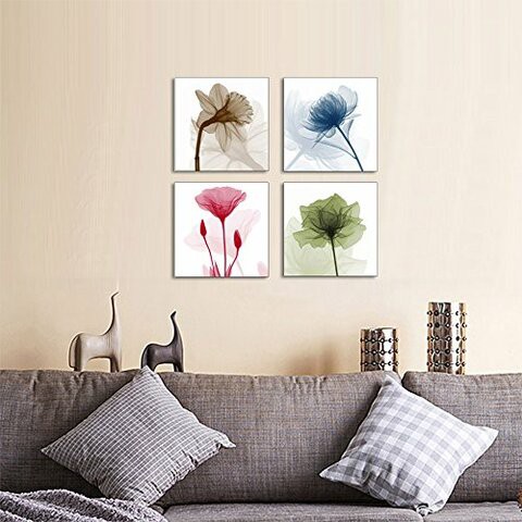 Wieco Art P4R1X1-07 4-Panel Canvas Print Flickering Flowers Modern Canvas Wall Art, 12 By 12-Inch