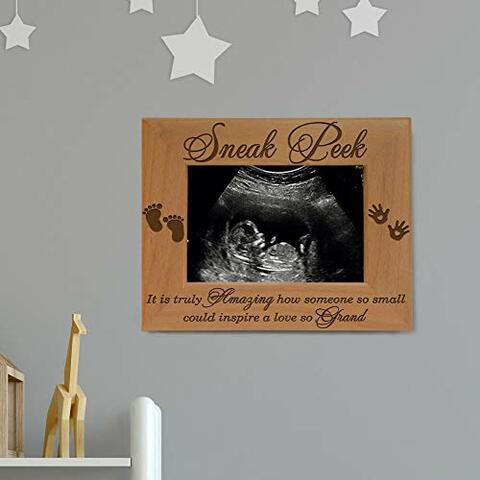 Kate Posh - Sneak Peek Sonogram Frame - Engraved Natural Wood, New Dad Gifts, New Mom Gifts (3 1/2 X 5 Horizontal)