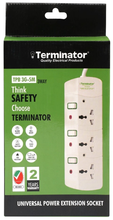 Terminator 3 Way Universal Power Extension Socket With 13A 5M Esma Approved