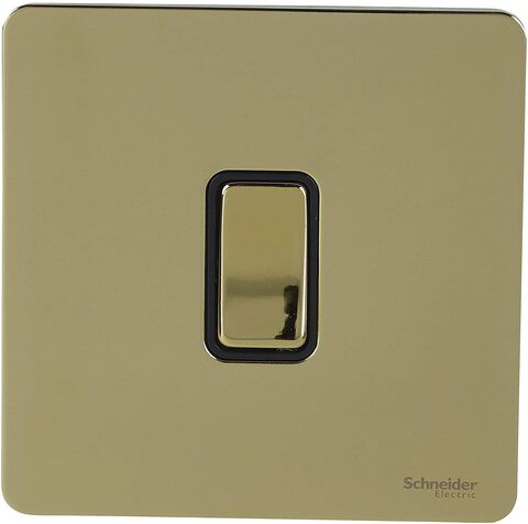 Schneider Electric Ultimate Polished Brass Screwless 10A 1 Gang 2 Way Flat Plate Retractive Bell Switch Black Insert