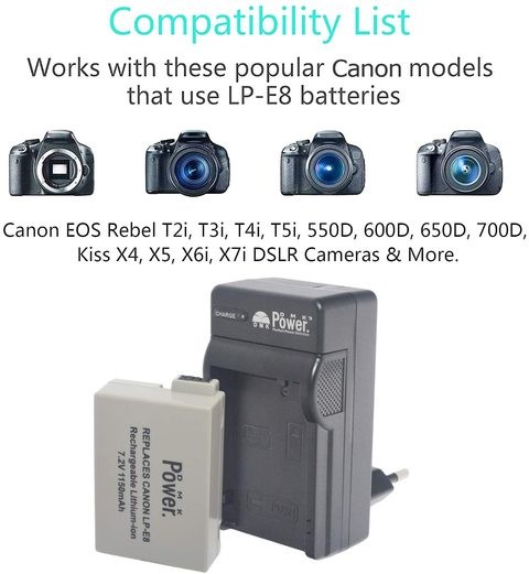 بطارية دي ام كيه باور LP E8 وشاحن للسفر لكاميرات كانون إي او اس ريبيل T2i T3i T4i T5i EOS 550D EOS 600D EOS 650D EOS 700D دي اس ال ار