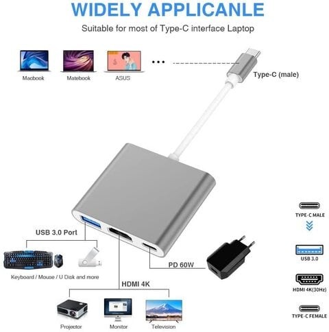 محول XLT USB-C إلى HDMI ، محول USB 3.1 من النوع C إلى HDMI 4K متعدد المنافذ AV مع منفذ USB 3.0 ومنفذ شحن USB C (رمادي)