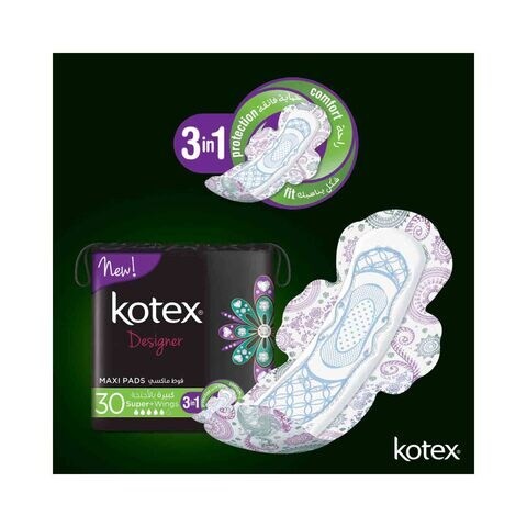 Kotex Super Sanitary Pads + Wings, 30 Pieces