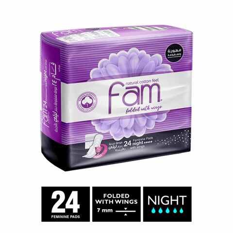 Fam Natural Cotton Feel Maxi Thick Folded Sanitary Pads With Wings, 24 Pads