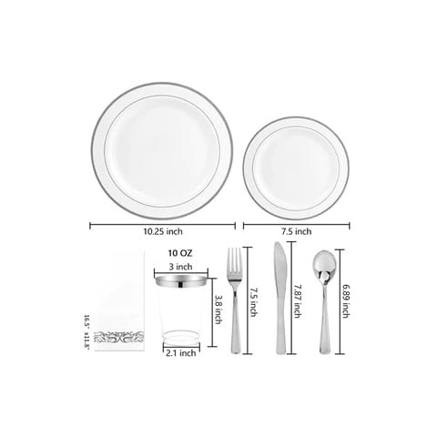 Aiwanto 175Pcs Disposable Plates Set Dinner Plate Set Wedding Party Disposable Silver Plastic Plates Set