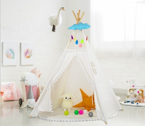 Canvas Teepee Cotton Portable Foldable Kids Play Tent Indoor Outdoor Play Tent With Window (White)