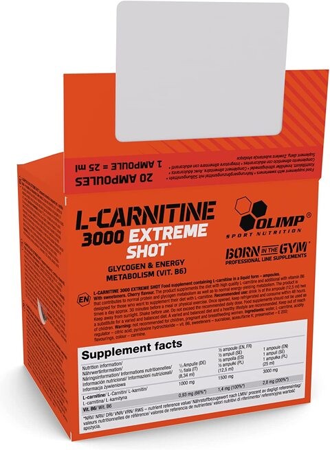 Olimp Labs L-Carnitine 3000 Extreme Shots, Cherry Flavor, Pack of 20 Ampoules
