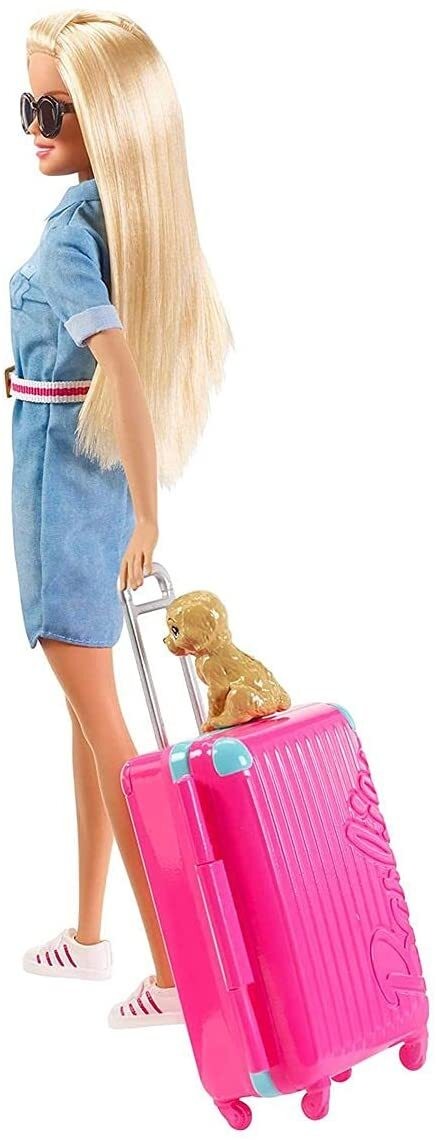 Multicolour Luggage and 10 Accessories Barbie Doll and Travel Set with Puppy 