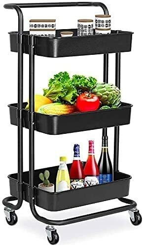 Orchid 3-Tier Multi Use Kitchen Organizer Rack عربات تخزين قابلة للإزالة رف برج تخزين رف حمام بعجلات ومسند للذراعين رف تخزين متداول نحيف | عربة بعجلات بمقبض (أسود)