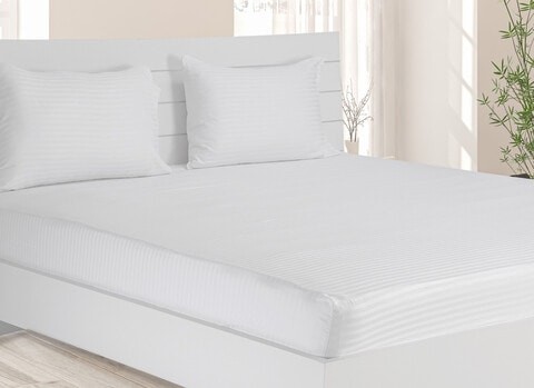 Hotel Linen Klub Single Fitted Sheet 1pc, 100% Cotton 250tc Sateen 1cm Stripe , Size: 120x200+25cm, White