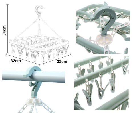 ALISSA 32 Clips Rotatable Foldable and Drip Laundry Hanger (أخضر فاتح)