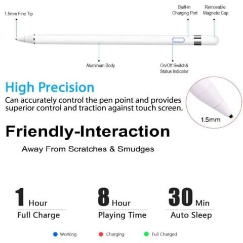 ALISSA Active Stylus Pen لشاشات اللمس قابلة لإعادة الشحن 1.5 مم رفيع للرسم والكتابة اليدوية (iOS / Android)