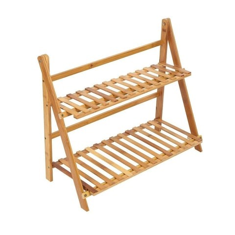 ALISSA-DoubleTier Bamboo Storage Balcony Fleshy Floor Rack Folding Flower Pot Stand.