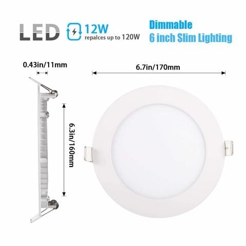 XBW - 2pcs 6" Dimmable LED Panel Light, 12W Ultra Thin Round Light, 5000K White, 960 Lumens, LED Recessed Ceiling Light, 220V