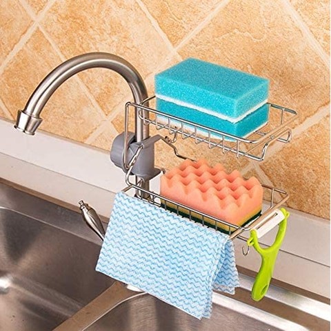 Stainless Steel Kitchen Faucet Sponge Holder, Soap Tray, Bathroom or Kitchen Organizer