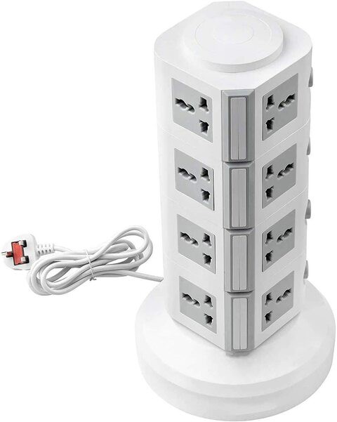 4 Layers Extension Outlet With 2 USB Ports, Universal Vertical Multi Socket, 2.8M Cord and UK-Plug Multi Charging Station (Gray)