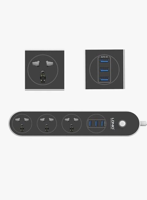 LDNIO 3-Sockets Surge Protector With Power Cord And USB Charging Port 2.72434E+12 Black/White