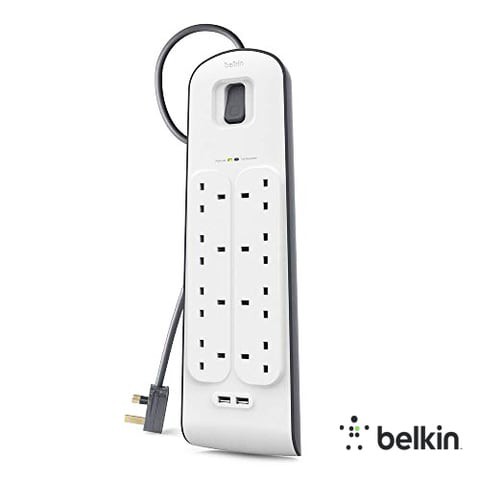 Belkin 8Port Power Extension Strip, 8 Way, 8 Plug Surge Protection Lead, 2Port 2.4A USB Charging Port (2m Cable).