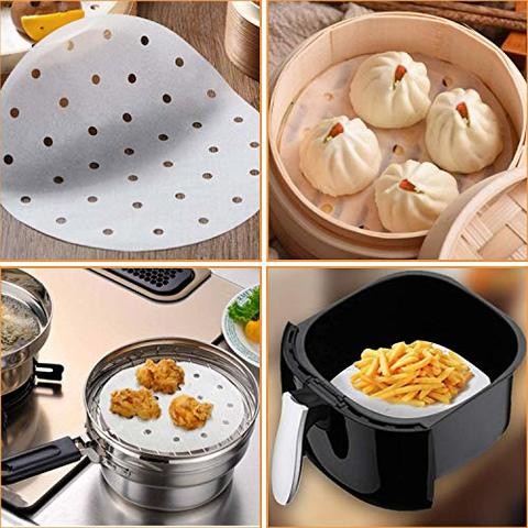 SKY-TOUCH 200 Pcs Air Fryer Liner, Round Non-Stick Steamer Mat, Premium Parchment Paper for Baking, Oven, Air Fryer, Bamboo Steamer and More 7 inches White