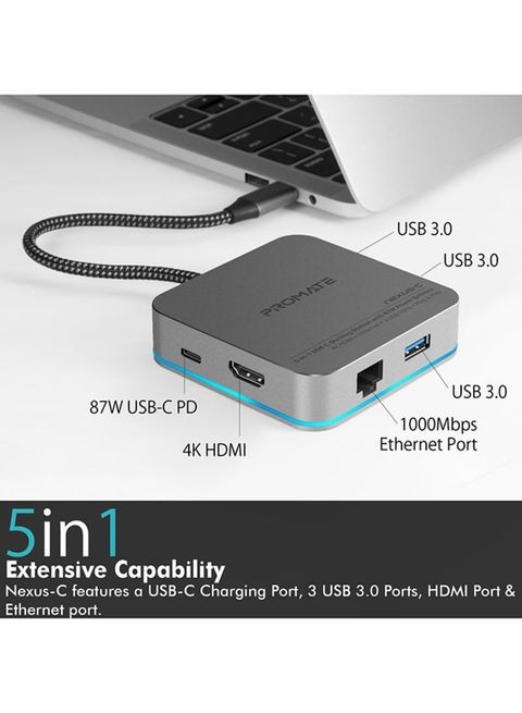 Promate - USB C Hub, 6-In-1 Type-C Adapter with 1000Mbps RJ45 Ethernet, 87W USB Type-C Power Delivery, 4K HDMI Port and 3 USB 3.0 Port