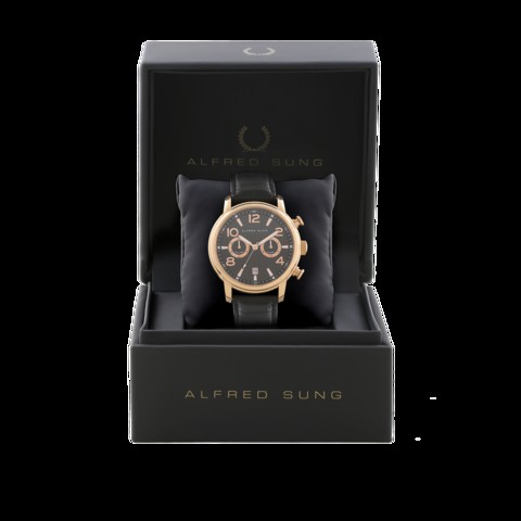 Alfred Sung - Men&#39;s Velox Multi-Function Analog Watch AS1700RL-1A | Black Colour | Black Dial | Genuine Leather | Water Resistant