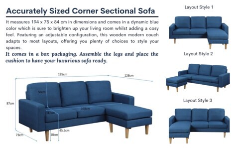 HomeCanvas Studio Luxe L-Shaped Sectional Sofa w/Reversible Chaise - 194x75x84cm Royal Blue