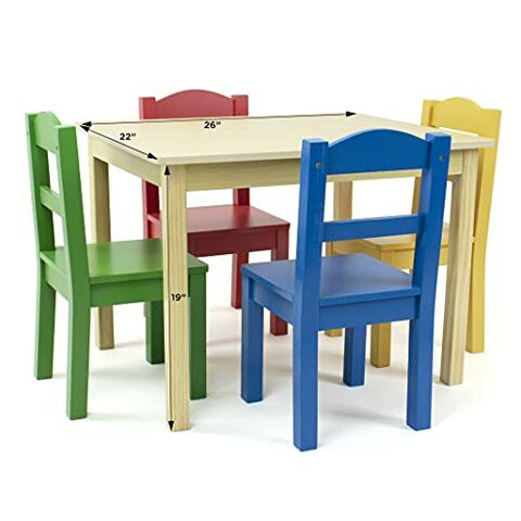 Humble Crew Collection Kids Wood Table &amp; 4 Chair Set, Natural/Primary
