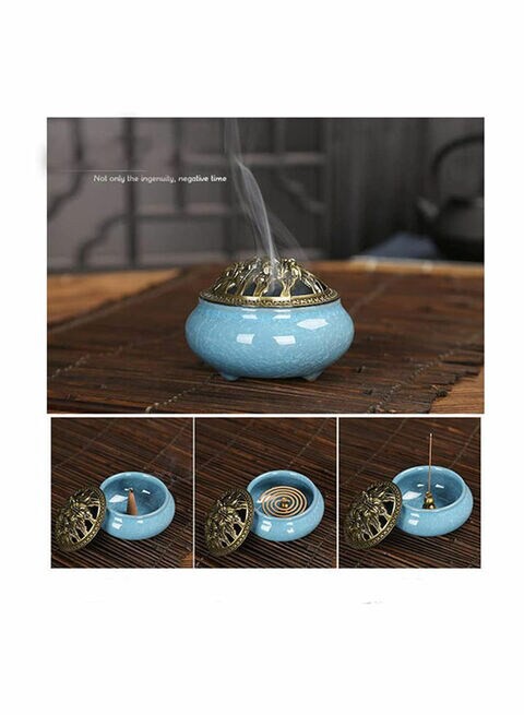 Generic Antique Delicate Ceramic Body Copper Cover Sandalwood Incense Burner Brown 10x7.4x7.2cm