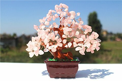 Feng Shui Natural Rose Pink Quartz Crystal Money Tree Bonsai Style Decoration for Wealth and Luck