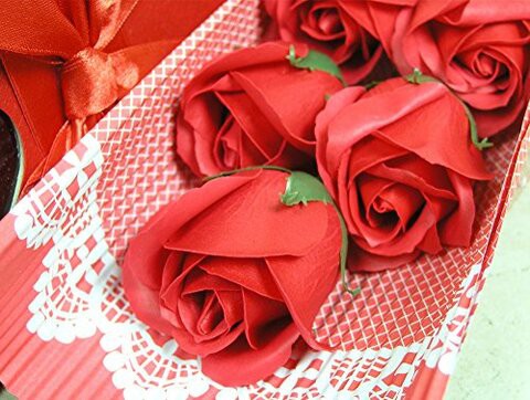 BANBERRY DESIGNS Red Rose Bouquet - Set of 5 Scented Roses - Gift Boxed with a Red Bow