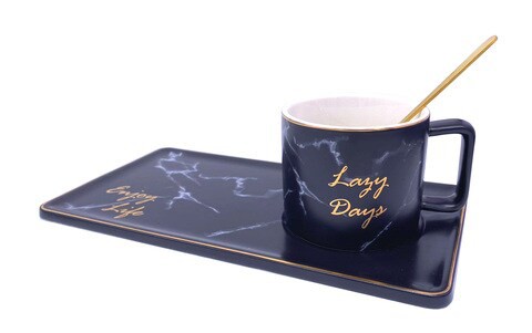 Lazy Days Marble Design Ceramic Coffee Mug Saucer Set with Gold Spoon (Black)