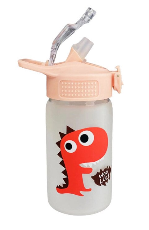 Dinasaur Water Glass Bottle with Straw Pink 350ml