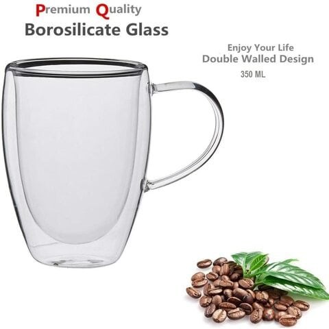 Lushh Double Wall Insulated Tea Cup with Handle Design 350 ML, Made of borosilicate glass suitable for a coffee cold and hot drinks such as cappuccino latte espresso tea