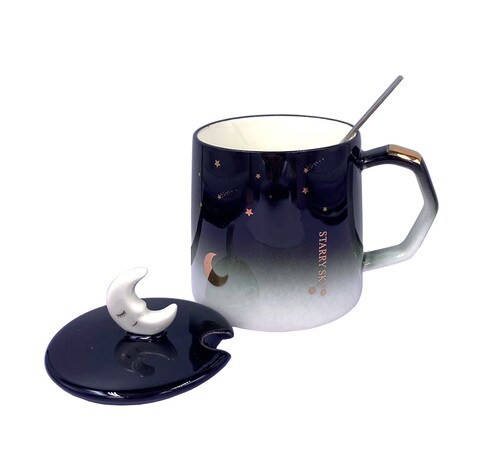 H&amp;L Zakka - Halfmoon Lovely MoonLight Design Ceramic Cup with Lid &amp; Spoon