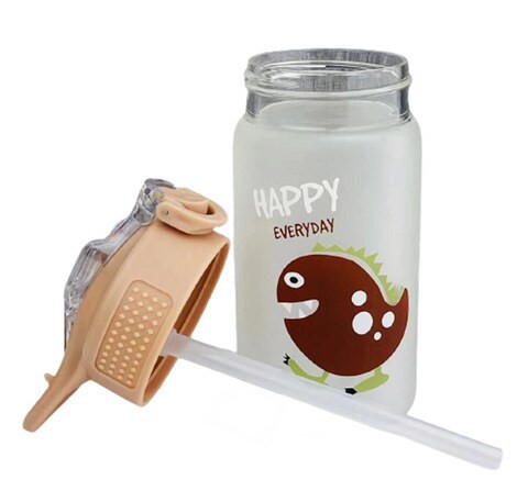 Dinasaur Water Glass Bottle with Straw Beige 350ml