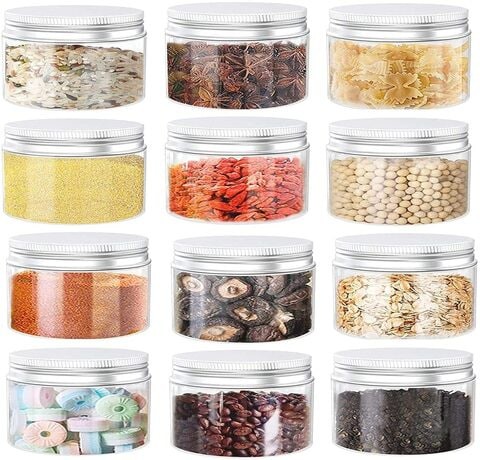 FUFU 10 OZ Plastic Jars with Aluminum Lids,12 Pack Clear Plastic Slime Containers for Dry Food, Crafts and Light Clay