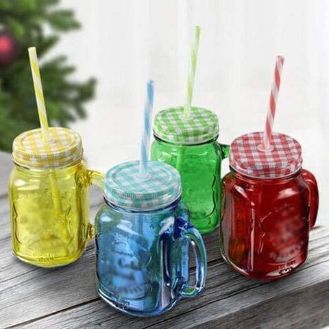 Mason Jars 4 pcs sett,Canning Jars with Sealed and Straw Lid, Ideal for Juice, Jam, Honey and Mojito, Wedding Favors, Shower Favors, Baby Foods