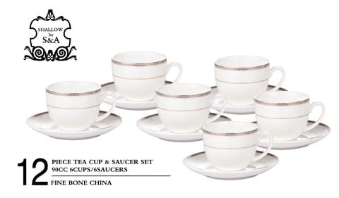 SHALLOW BONE CHINA CUPS AND SAUCERS SET, WHITE/GOLD, 90 CC, TS-90-LIN-E, 12PIECES